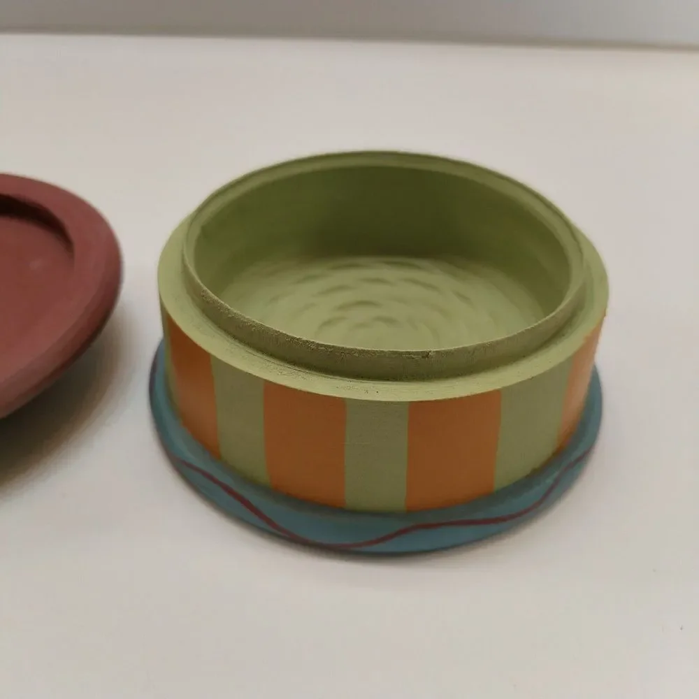 Hand Painted‎ Wood Trinket Jewelry Box Bunny Flowers Stripes Pastel 1997 Vintage